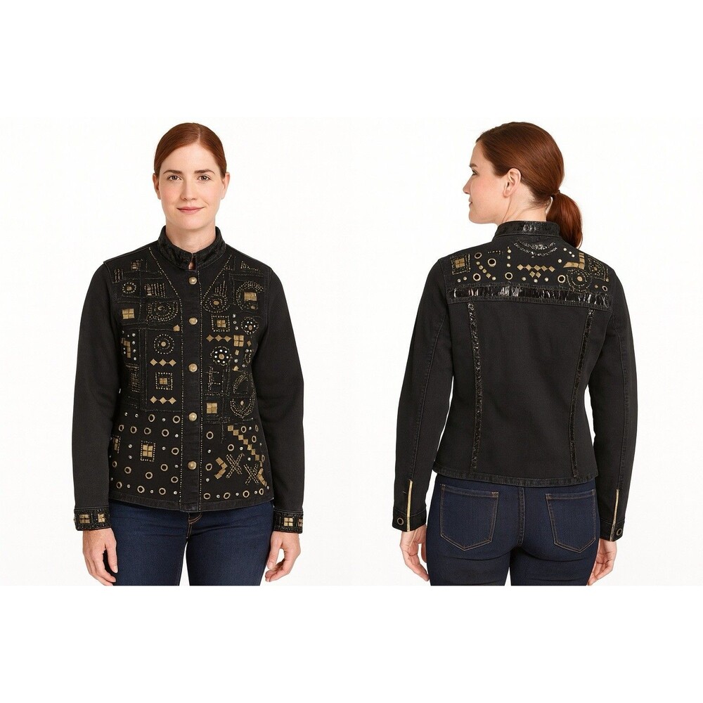 Brazil Rox Black Gold Studded Embellished Denim Jacket Women’s Size M